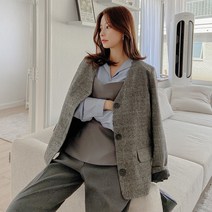로미스토리 여성용 헤링본 노카라 체크배색 자켓