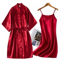 마켓A 실크 웨딩 쇼트 샤워가운 + 슬립 세트 무지 2XL, 와인, 1세트