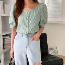 시크블랙 로오힌 스트라이프 라운드넥 퍼프 반팔 블라우스 BL4685K26