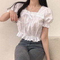 러블리 리본 프릴 코튼 반팔 블라우스