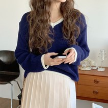 린다샵 여성용 루즈핏 배색 브이넥 니트 NT3589K22