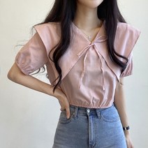 리브 빅카라 리본 세라 반팔 블라우스