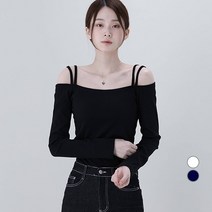어썸어라운드 여성용 더블 스트랩 오프숄더 골지 긴팔 티셔츠