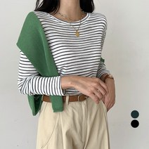 세컨그라운드 여성용 스트라이프 라운드넥 긴팔 티셔츠
