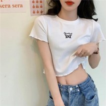 마더브띠 여성용 빈티지 프릴 크롭 반팔 티셔츠