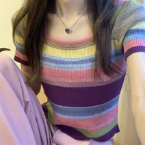 여성용 올룸 배색 니트 크롭티