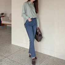 로미스토리 여성용 히든 밴딩 롱 일자 핏 데님