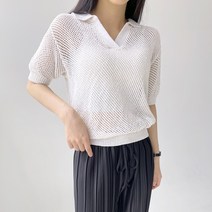 플랜데이 여성용 썸머 벌집 그물 짜임 반팔 카라 니트티