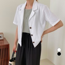무드인더 여성용 베이직 린넨 카라 반팔 자켓