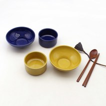 달소금 도자기 유광 달콤 2인 공기대접세트, 레몬, 블루, 공기 2종 + 대접 2종