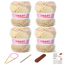 행복뜨기 스마트울 털실 뜨개실 4p + 대바늘 6mm + 돗바늘 + 가죽라벨 + 목도리도안, 2804 베이지, 1세트
