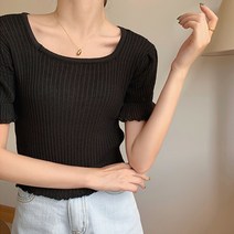 레몬소울 여성용 자르토 스퀘어 골지 반팔 니트티