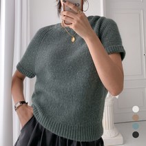 뜨개진 여성용 램스울 래글런 롤업 프리울 라운드 반팔 니트