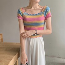 레몬소울 여성용 레고링 컬러 물결 골지 반팔 니트티