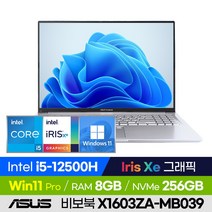 ASUS 비보북 16X X1603ZA-MB039 가성비 사무업무용 학습인강용 비즈니스 16인치 노트북 (코어i5-12500H/Iris Xe 그래픽), X1603ZA-MB139, 윈도우 포함, 8GB, 256GB, 코어i5, 실버
