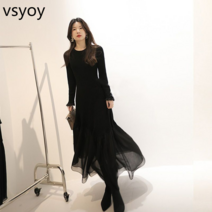 vsyoy 2023 봄 헵번 바람 작은 검은 스커트 코트와 복고풍 슬림 니트 스티칭 쉬폰 드레스