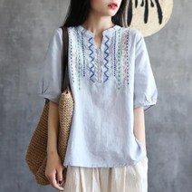 PIka여름 여성 반팔티 블라우스 티셔츠 린넨 빅사이즈