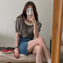 코코블랑 프릴넥 고방체크 블라우스