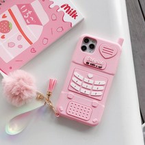 귀여운 전화기 디자인 핑크 아이폰 실리콘 케이스 폼폼이 홀로그램 스트랩 세트, 아이폰11 pro