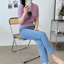 여자 라운드 세미크롭 케이블 반팔 니트 면바지상의 청바지코디법 소개팅