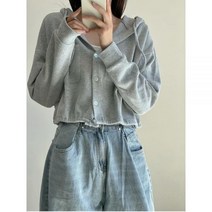 HOUZHOU 하라주쿠 그레이 스웨터 여성 한국 패션 기본 버튼 업 솔리드 크롭 후드 스트리트웨어 긴 소매 탑
