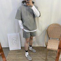 남녀공용 오버핏 반팔아노락&반바지 스판 후드 바스락 고급 트레이닝복 세트 캠핑룩