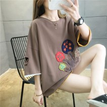 여자 여름 자수 반팔 티셔츠 루즈핏 상의