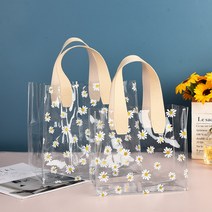데이지 가죽 손잡이 투명 쇼핑백 포장지 구디백 답례품 PVC 선물 가방 도트백 비치백, 베이지-라지(V46)