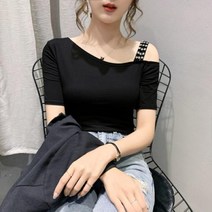 바이스타 시크온미 오프숄더 어깨트임 진주 스트랩 쫄티 타이트 슬림 핏 흰티 반팔 티셔츠
