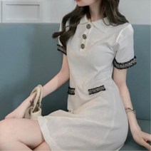 단정한 트위드 트리밍 여자 셔츠카라 반팔 원피스 2색