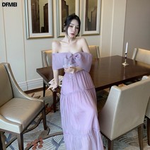 DFMEI 일자 넥 리본 많이 입으시고 원피스 여 시크 비치 드레스