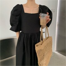 노랑 검은색 뒷트임 복고풍 롱드레스