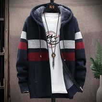 스트라이프 남성 스웨터 코트 두꺼운 양털 따뜻한 지퍼 울 후드 카디건 점퍼 남성 긴 소매 니트 스웨터