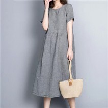 Makone 블랙과 화이트의 잔체크 마 소재 원피스 여 반팔여름루즈핏 미디엄