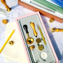 라떼라떼 투명 실링왁스 세트 스탬프 8종 편지 엽서 청첩장 식권 인장, 브라운 세트(왁스+스탬프2+핸들+양초)