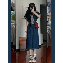 프랑스 복고풍 디자인 고급 워시 코튼 데님 드레스 여성의 여름 항구 스타일 아트 작은 슬림 스커트
