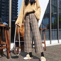 noushop MEXZT-빈티지 일본스타일 모직 격자 무늬 와이드 레그 팬츠 여성 스트리트웨어 하이 웨이스트 스트레이트 Y2k 바지