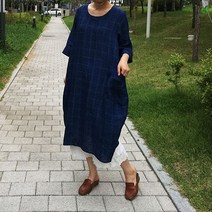 아이보리앤코 초초 진쪽색 체크 워싱 퓨어린넨 항아리 벌룬 롱 원피스