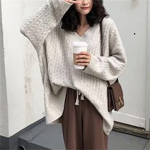 오버핏 헐렁한 v 넥 스웨터 여성 솔리드 컬러 트위스트 탑 풀오버 스웨터 원사이즈