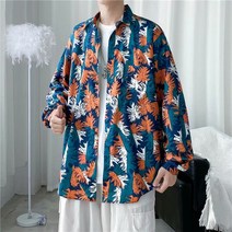하와이안 셔츠 남성 한국 캐주얼 긴팔 셔츠 패션 느슨한 다용도 파인애플 꽃 셔츠