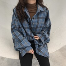 봄 모직 체크 셔츠 여 긴팔 셔츠 루즈핏 여성 셔츠