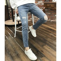 리턴옴므 가을 9부 워싱 데미지 스판 데님 남자 찢어진 청바지