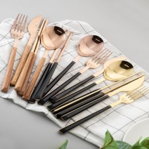 국산 명품 커트러리 스파게티 디저트 우드 나무 스테이크 칼 포크 나이프 디너 4P 세트, 우드 로즈골드