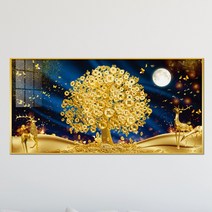 아트블루 돈 돌어오는 그림 거실 대형 와이드 물고기 추상화 황금 나무 풍수 인테리어 액자, 2_황금나무 사슴두마리 _청배경_달_와이드