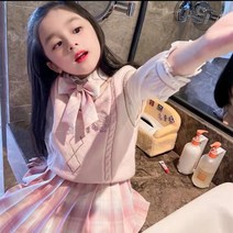 FANSYLI 2021가을겨울신상 여아 유니폼 키즈 스쿨룩 주니어 플리츠 셔츠 정장 세트 여아 카디건 스웨터 3종 세트 352호 12f