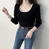 바이단미 여성용 스웨터 스퀘어넥 골지 배색 니트