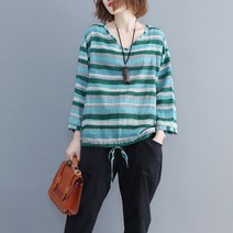 빅사이즈가을티셔츠 와이드 루즈핏 단아한 브이넥 상의 뚱뚱한 고기를 저장함 슬림핏 보텀 스트랩 면린넨 725013191