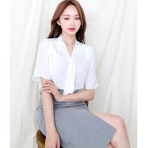 더웨이나인 미디 타이 반팔 얇은 블라우스 루즈핏 프릴소매 직장인 포인트 팔뚝살 커버 한여름 하늘하늘