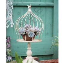 빈티지 버드 새장 화분 철제 꽃 스탠드 정원 발코니 장식 선반 야외 테라스 원예용품, 단일사이즈, 레트로 화이트