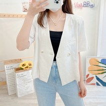 헤이뽀 / 에르 더블 노카라 브이넥 린넨 반팔 크롭 자켓 4컬러
